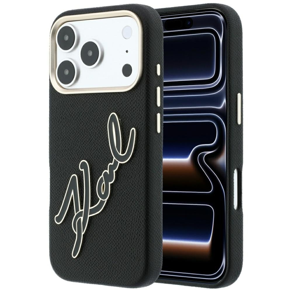 Karl Lagerfeld glat, stort etui med signaturlogo i harpiks til iPhone 18 Pro / 17 Pro – sort