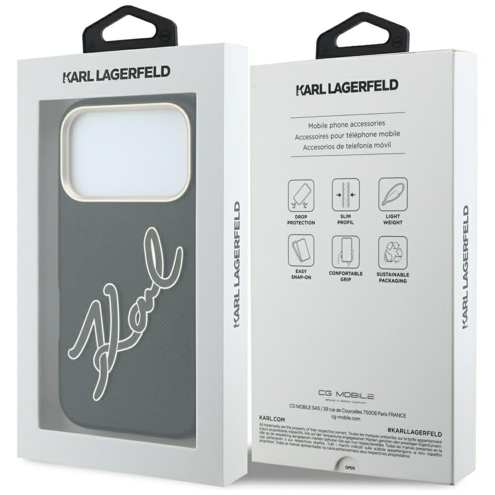 Karl Lagerfeld glat, stort etui med signaturlogo i harpiks til iPhone 18 Pro / 17 Pro – sort