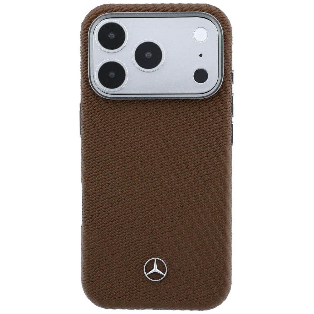 Mercedes læderetui med halvomslutning og trælook til MagSafe til iPhone 18 Pro / 17 Pro – brun