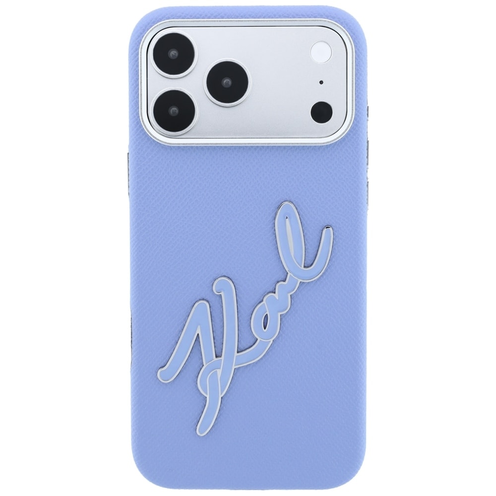 Karl Lagerfeld glat, stort etui med signaturlogo i harpiks til iPhone 18 Pro / 17 Pro – Blå