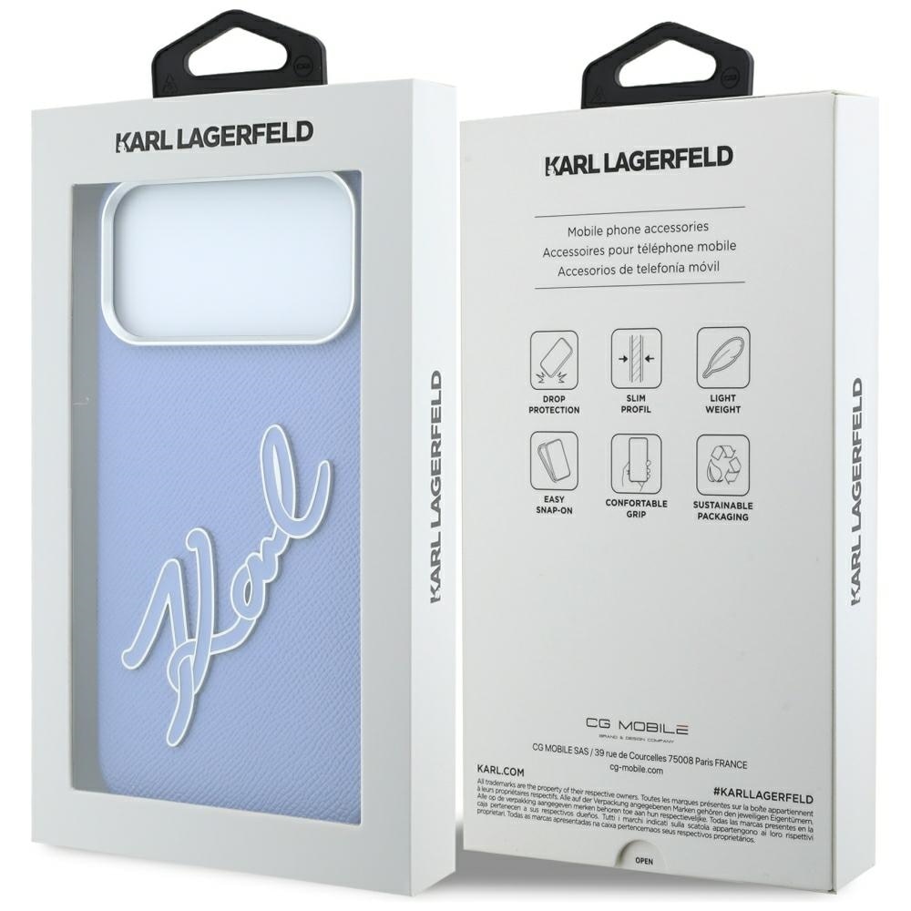 Karl Lagerfeld glat, stort etui med signaturlogo i harpiks til iPhone 18 Pro / 17 Pro – Blå