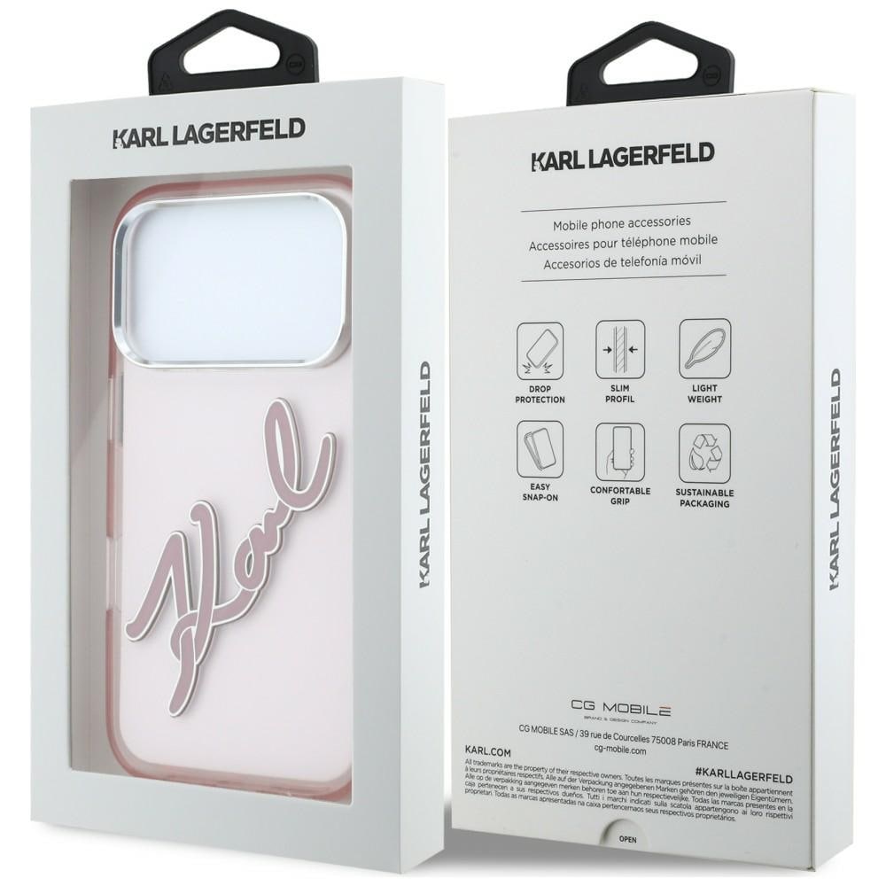 Karl Lagerfeld IML Big Signature-etui i resin og metal til iPhone 18 Pro Max / 17 Pro Max – lyserød