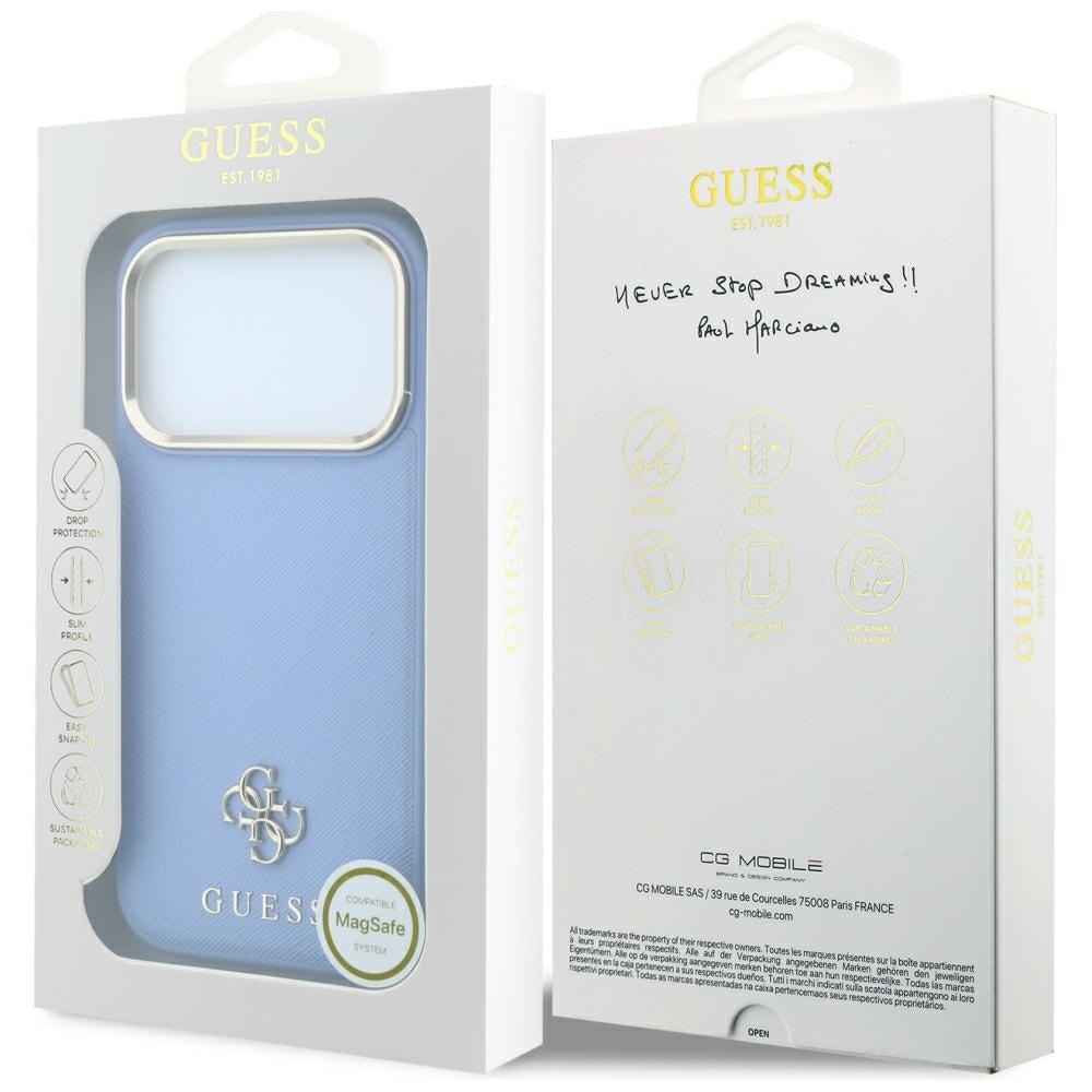 Guess Saffiano Small 4G & Classic Logo MagSafe-etui til iPhone 18 Pro / 17 Pro – Lys blå