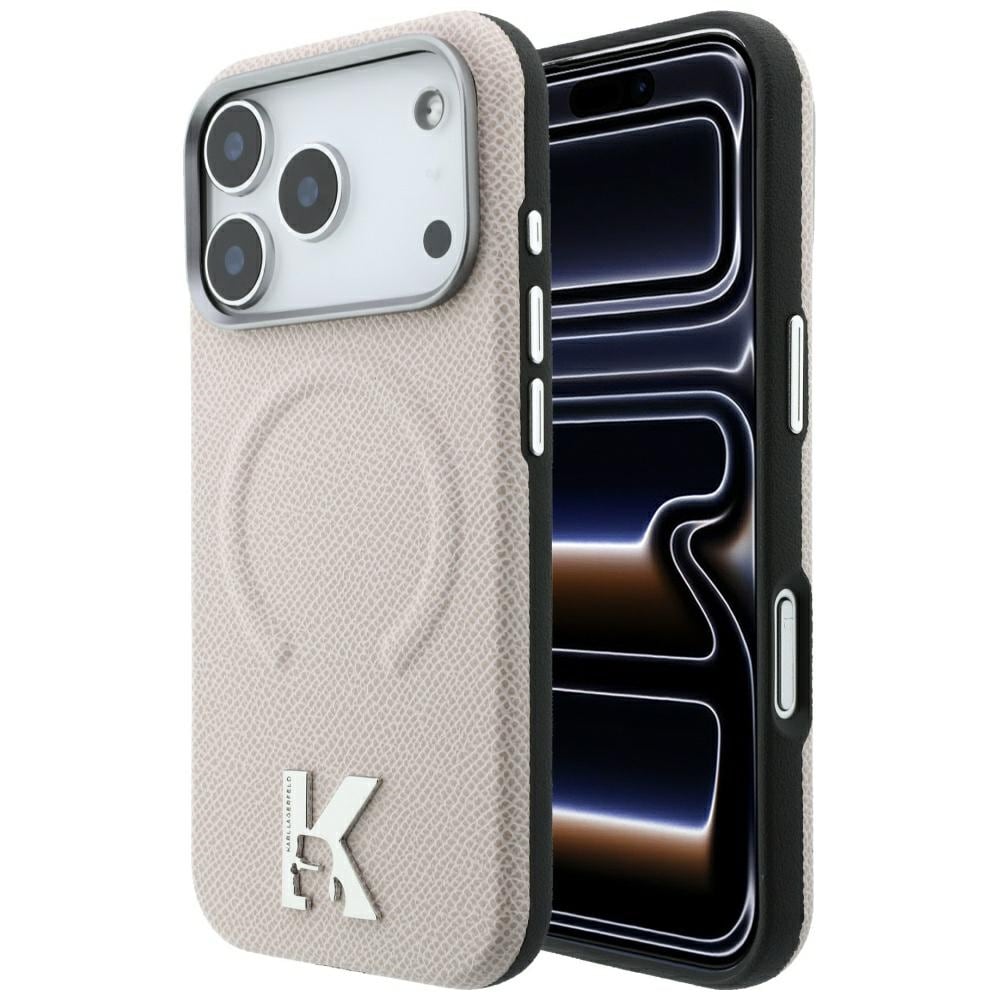 Karl Lagerfeld ring m/strukturpræget overflade & MagSafe-etui m/Kameo-logo iPhone 18/17 Pro – beige