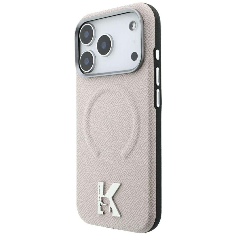 Karl Lagerfeld ring m/strukturpræget overflade & MagSafe-etui m/Kameo-logo iPhone 18/17 Pro – beige