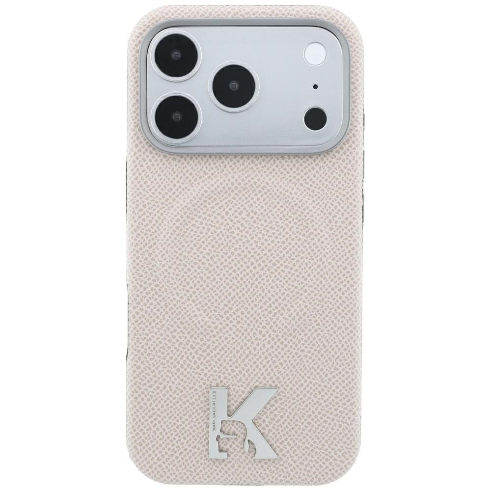 Karl Lagerfeld ring m/strukturpræget overflade & MagSafe-etui m/Kameo-logo iPhone 18/17 Pro – beige