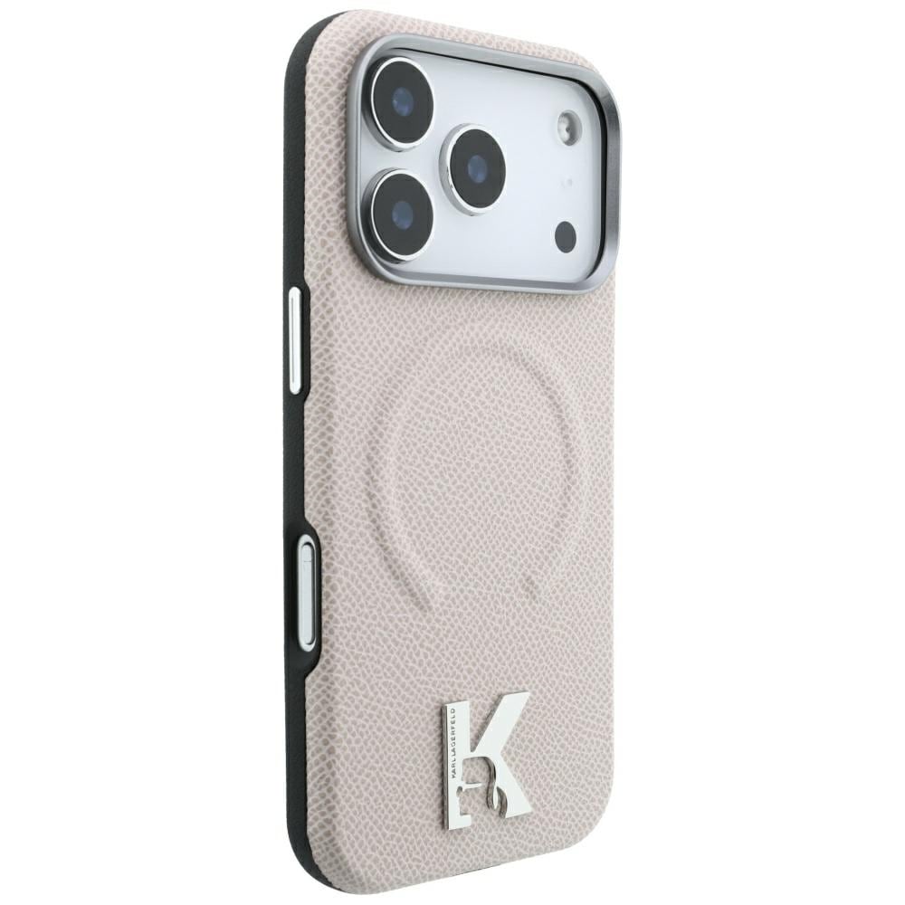Karl Lagerfeld ring m/strukturpræget overflade & MagSafe-etui m/Kameo-logo iPhone 18/17 Pro – beige