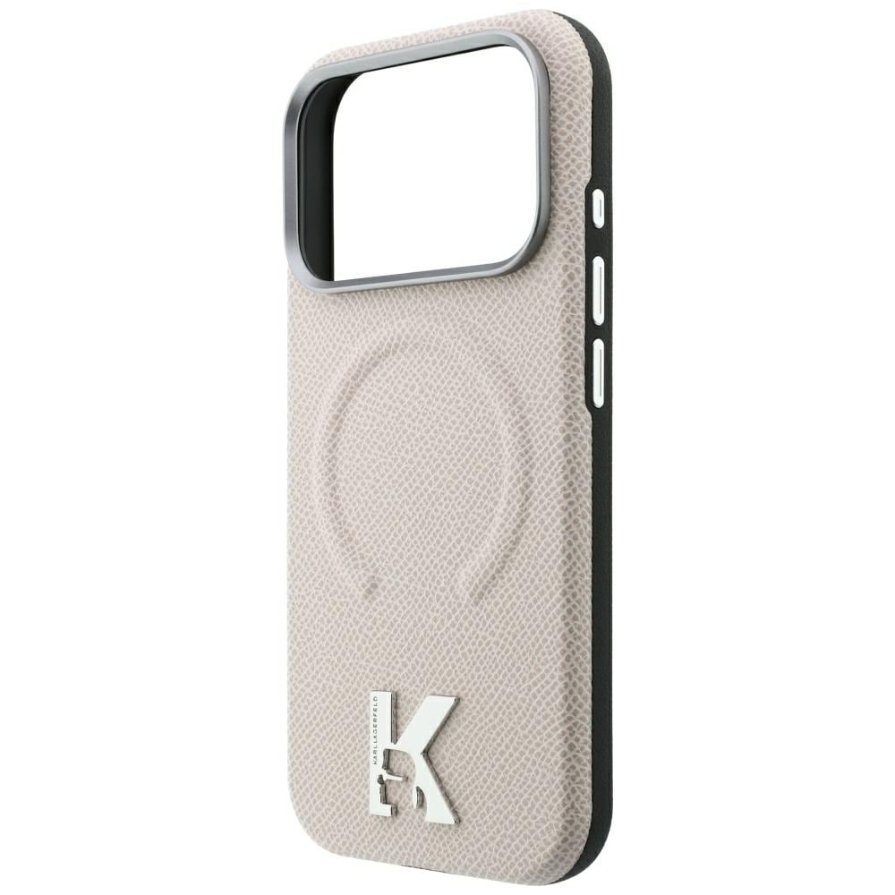 Karl Lagerfeld ring m/strukturpræget overflade & MagSafe-etui m/Kameo-logo iPhone 18/17 Pro – beige