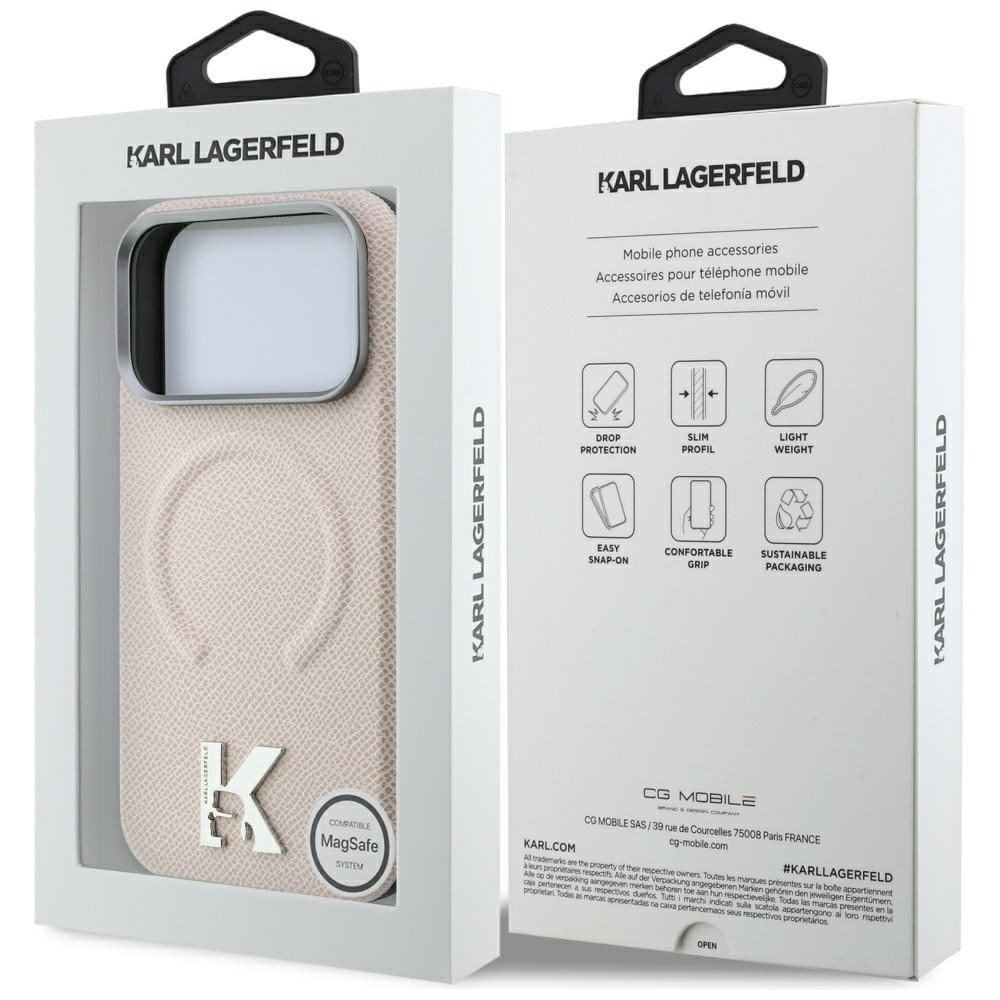Karl Lagerfeld ring m/strukturpræget overflade & MagSafe-etui m/Kameo-logo iPhone 18/17 Pro – beige