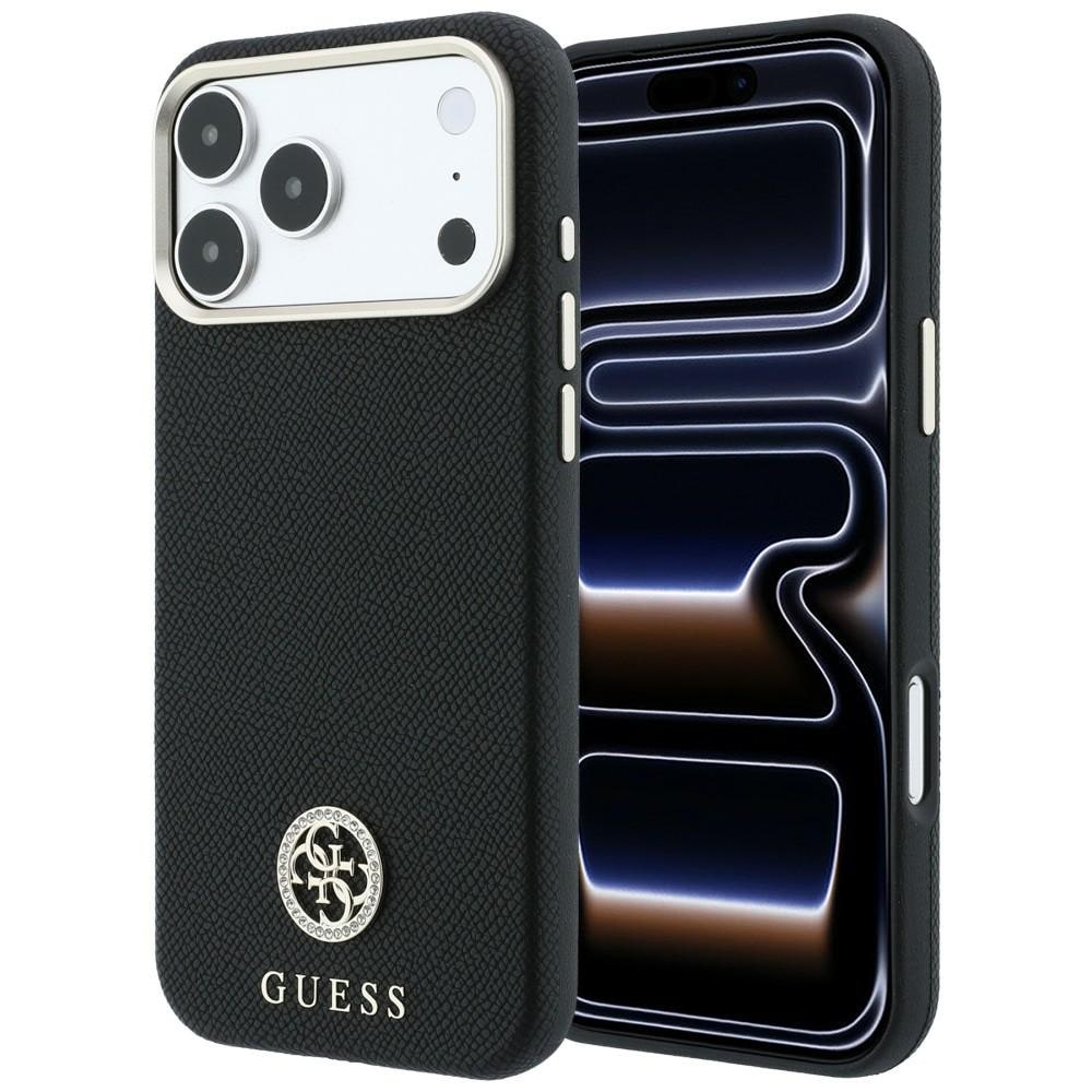 Guess MagSafe-etui m. struktureret overflade, runde strass-sten & logo til iPhone 18/17 Pro – Sort
