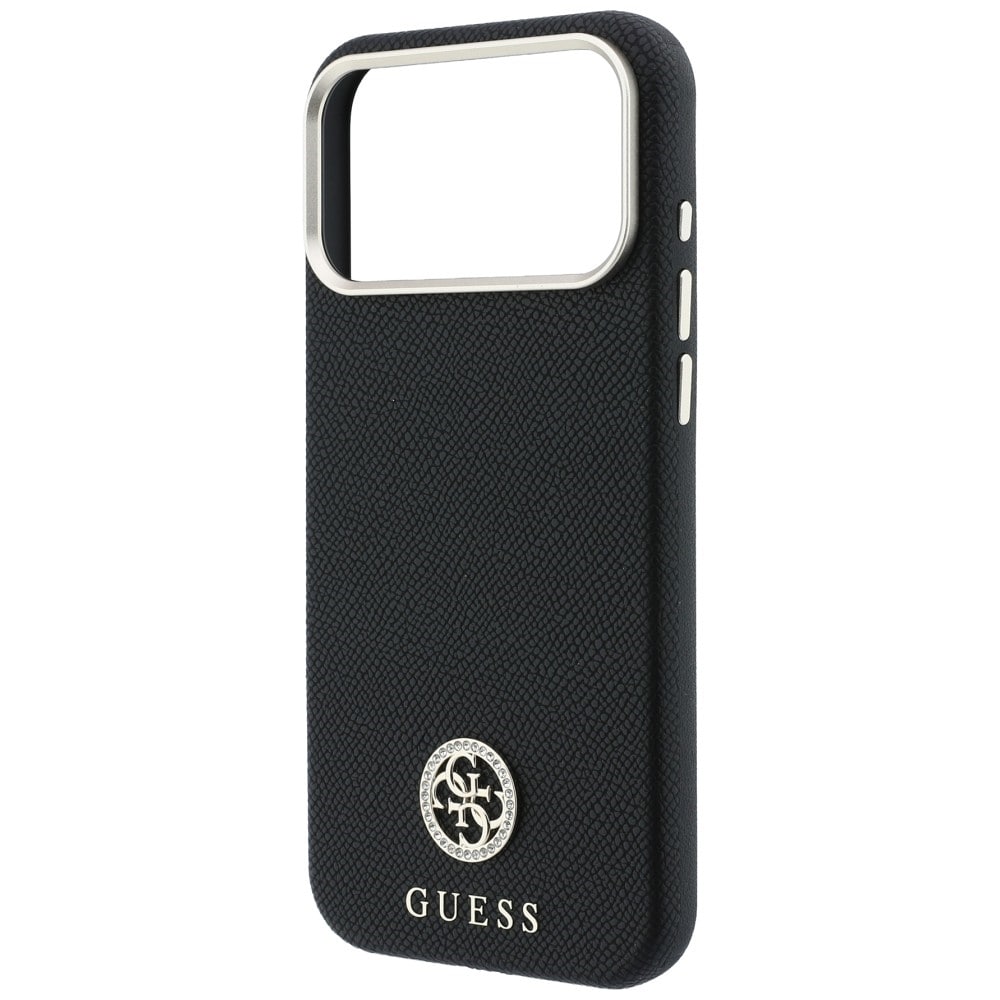 Guess MagSafe-etui m. struktureret overflade, runde strass-sten & logo til iPhone 18/17 Pro – Sort