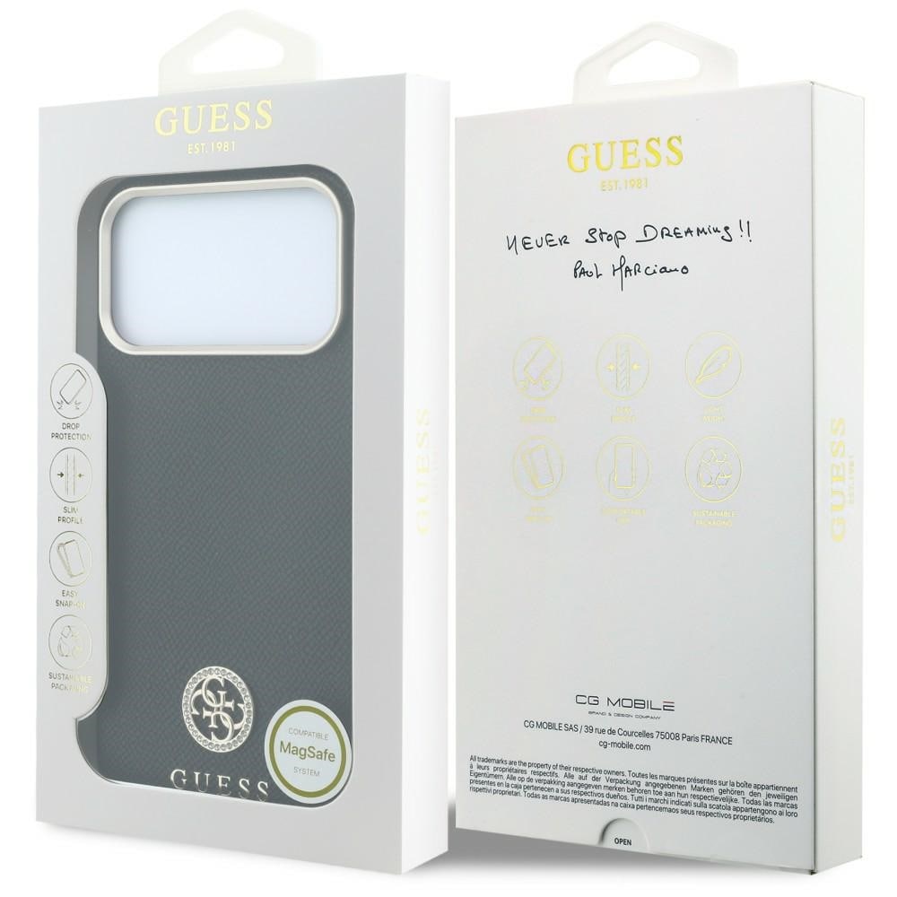Guess MagSafe-etui m. struktureret overflade, runde strass-sten & logo til iPhone 18/17 Pro – Sort