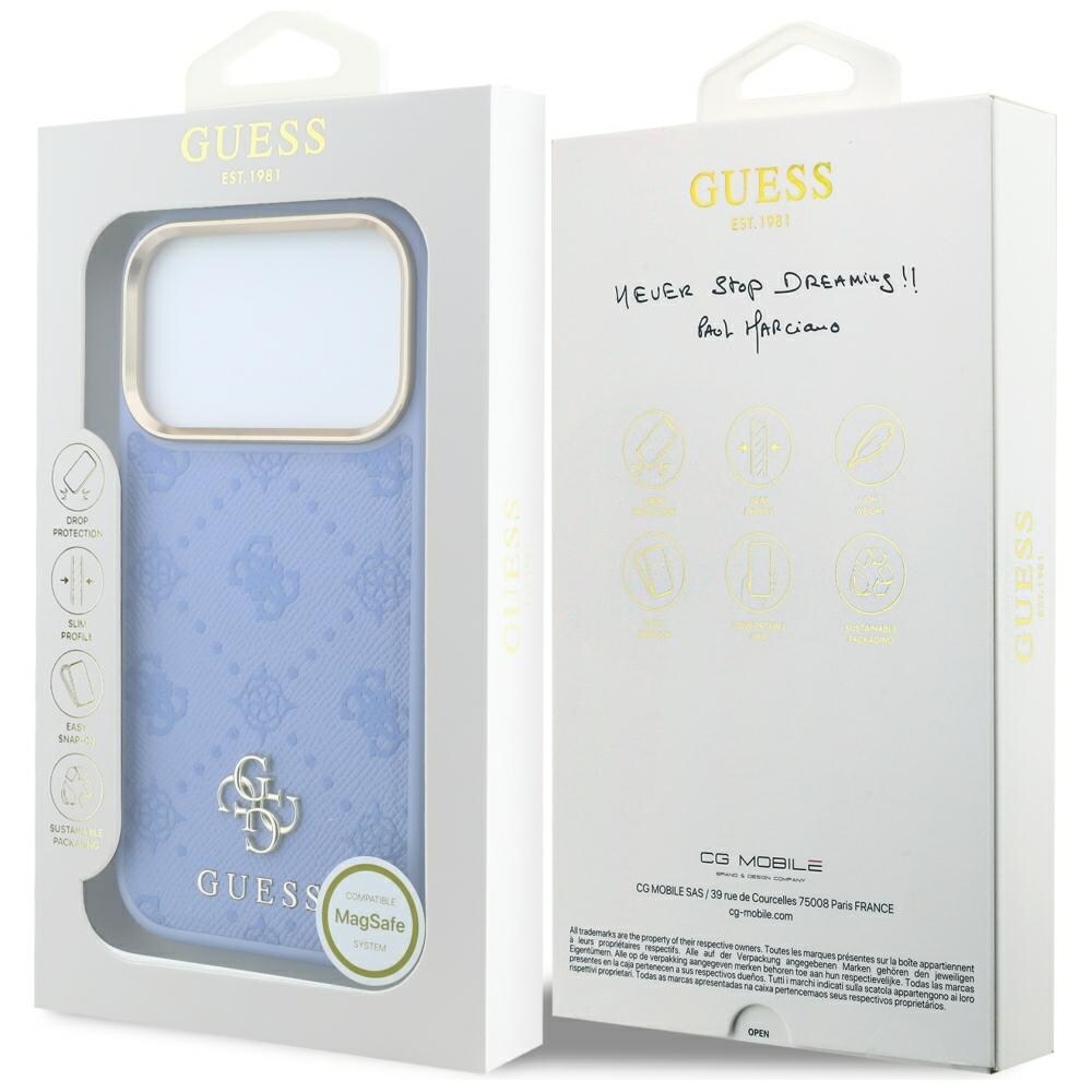 Guess Peony 4G MagSafe-fodral med litet logo för iPhone 18 Pro / 17 Pro – ljusblått