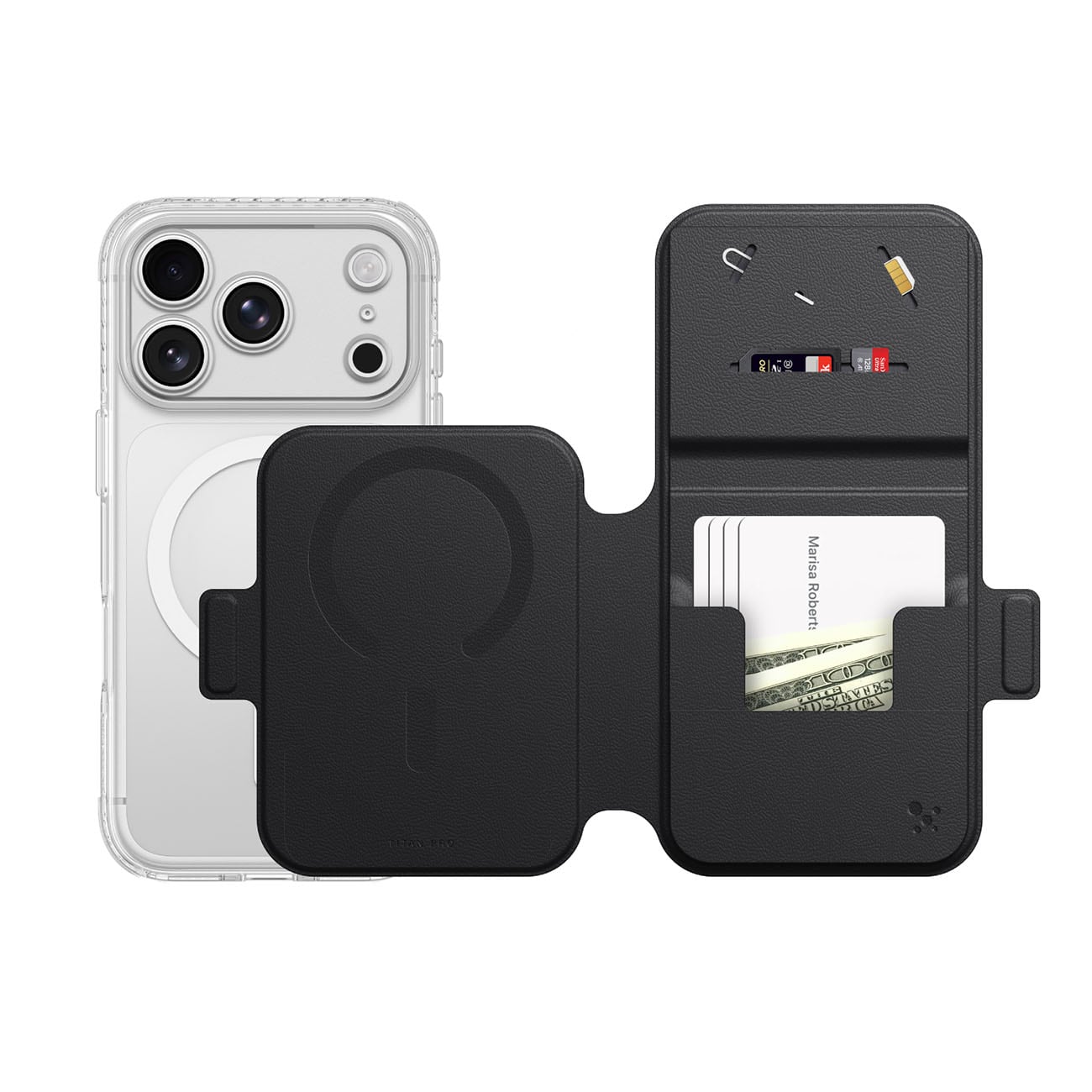 AmazingThing Titan Pro Lens Flip Set – iPhone 18 Pro Max-etui m. lommebog, MagSafe – Sort