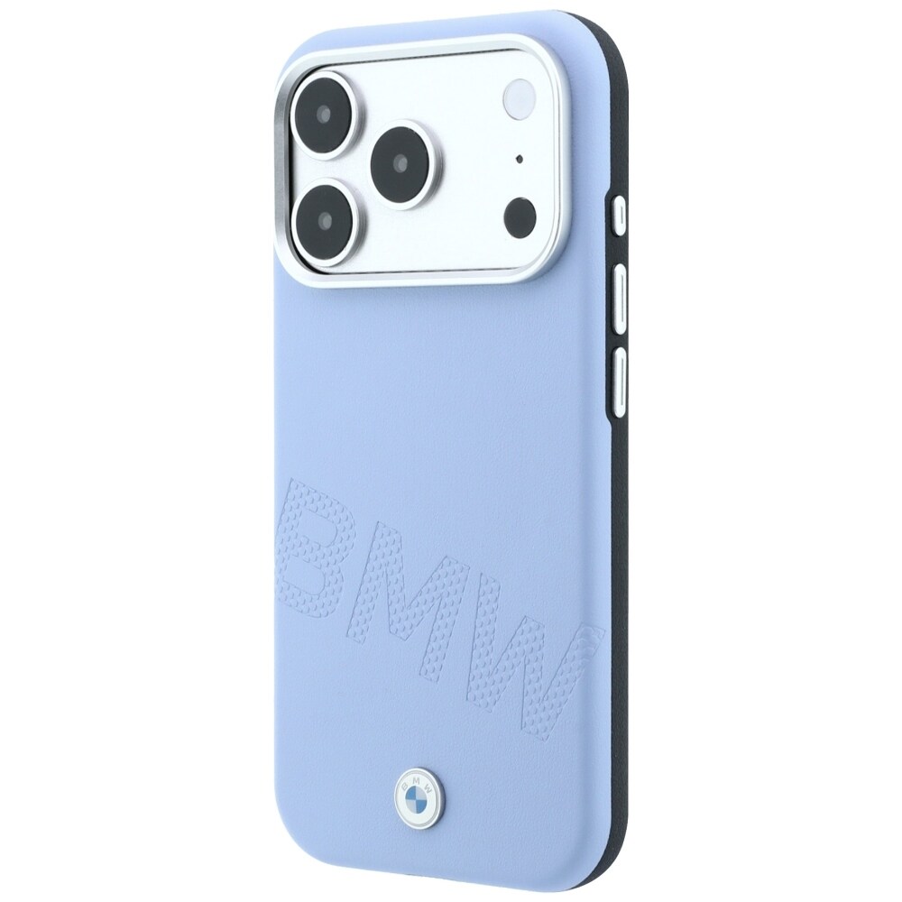 BMW-logo med skråtstillede, præget bogstaver – MagSafe-etui til iPhone 18 Pro Max / 17 Pro Max – Blå