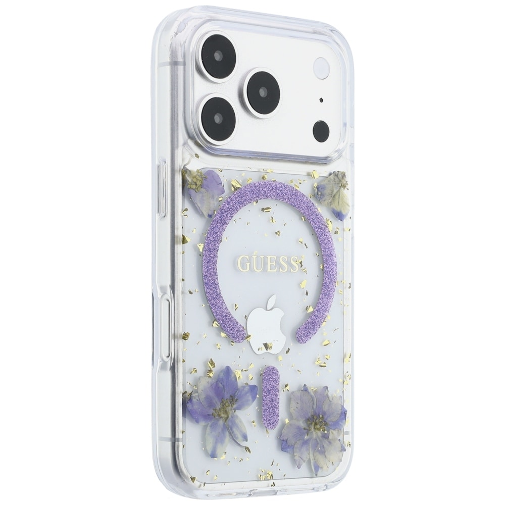 Guess Resin Flowers Glitter MagSafe-etui til iPhone 18 Pro Max / 17 Pro Max – Lilla