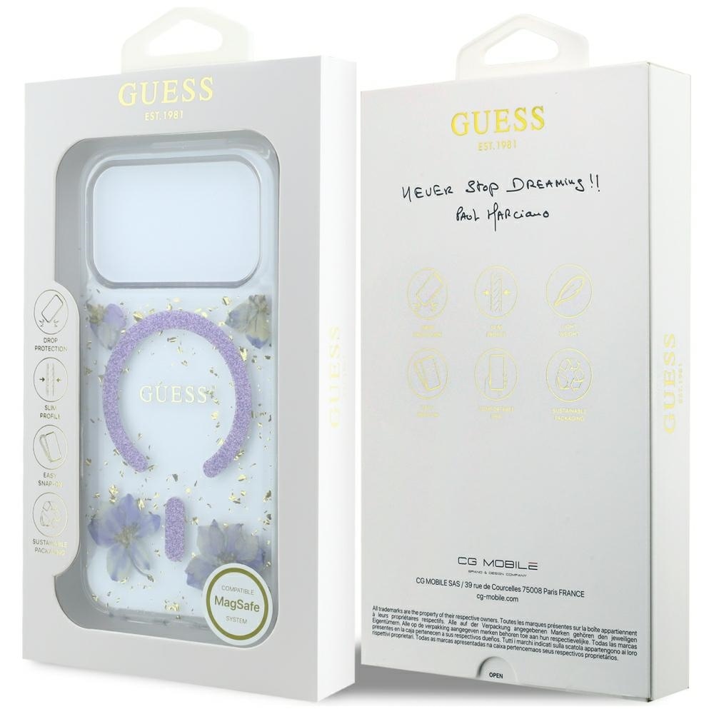 Guess Resin Flowers Glitter MagSafe-etui til iPhone 18 Pro Max / 17 Pro Max – Lilla