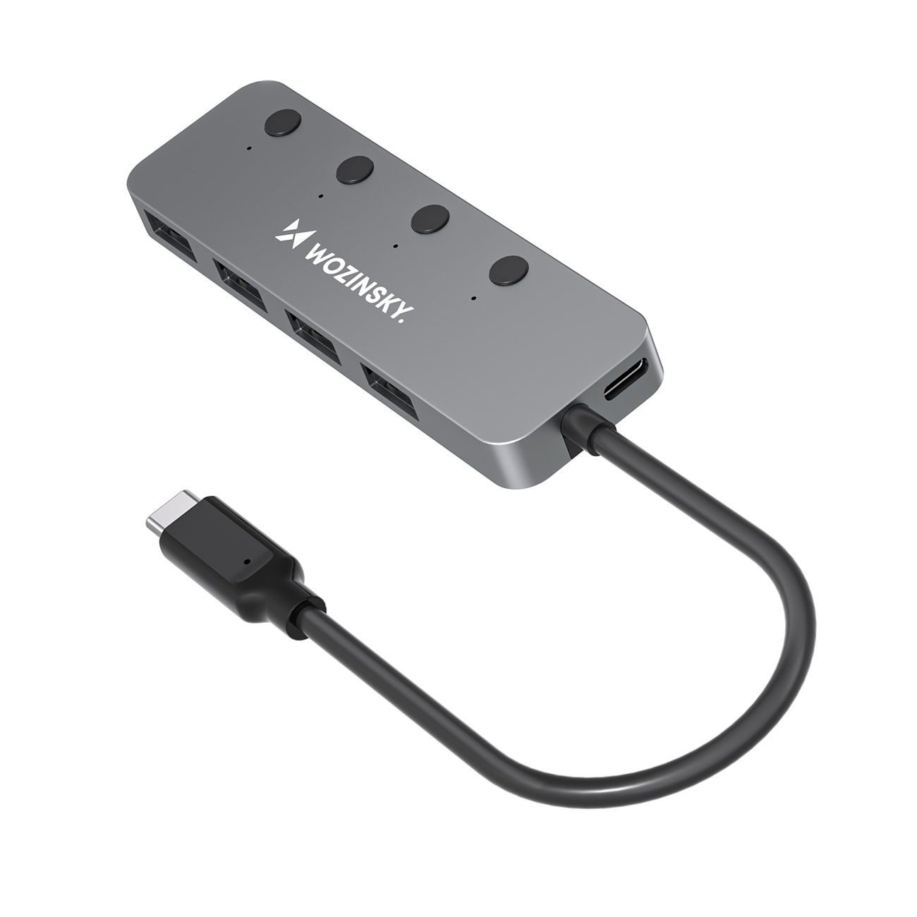 Wozinsky WHS080YSS 4x USB-A 3.0-hubb i aluminium m. strömbrytare & 15 cm USB-C-kabel – grå
