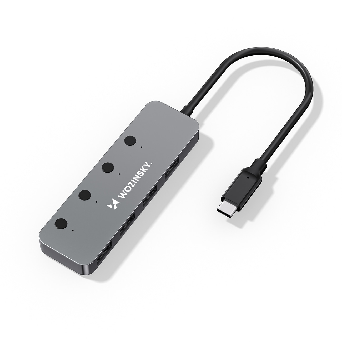 Wozinsky WHS080YSS 4x USB-A 3.0-hubb i aluminium m. strömbrytare & 15 cm USB-C-kabel – grå