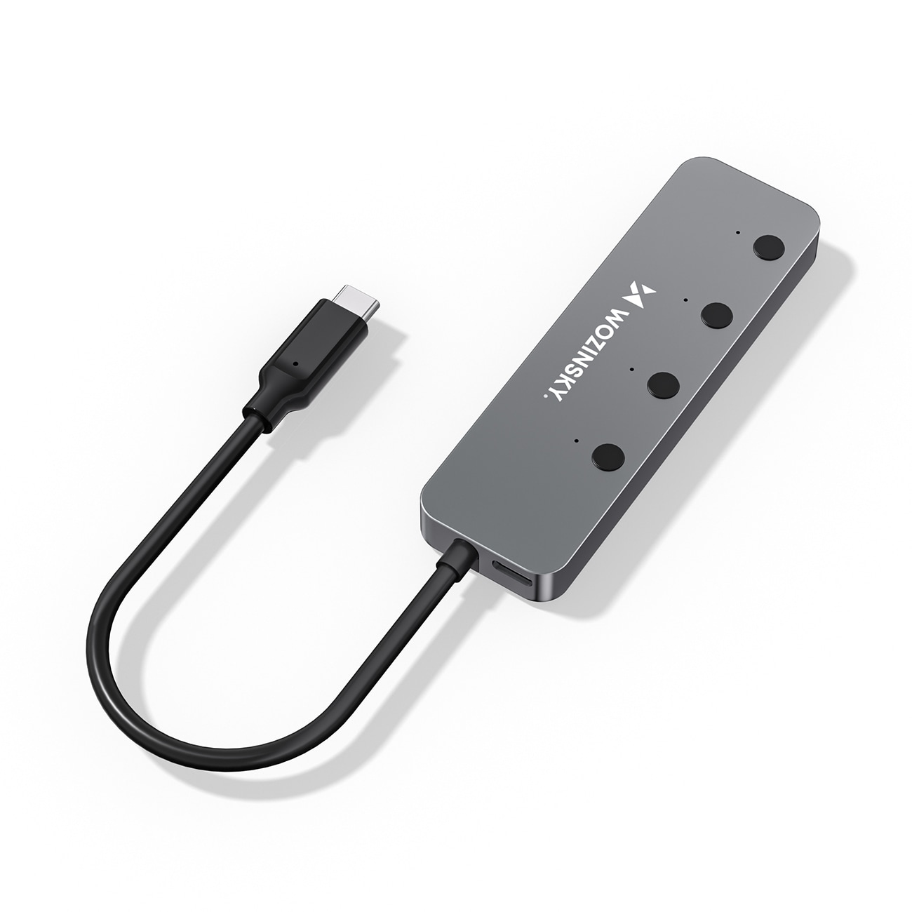 Wozinsky WHS080YSS 4x USB-A 3.0-hubb i aluminium m. strömbrytare & 15 cm USB-C-kabel – grå
