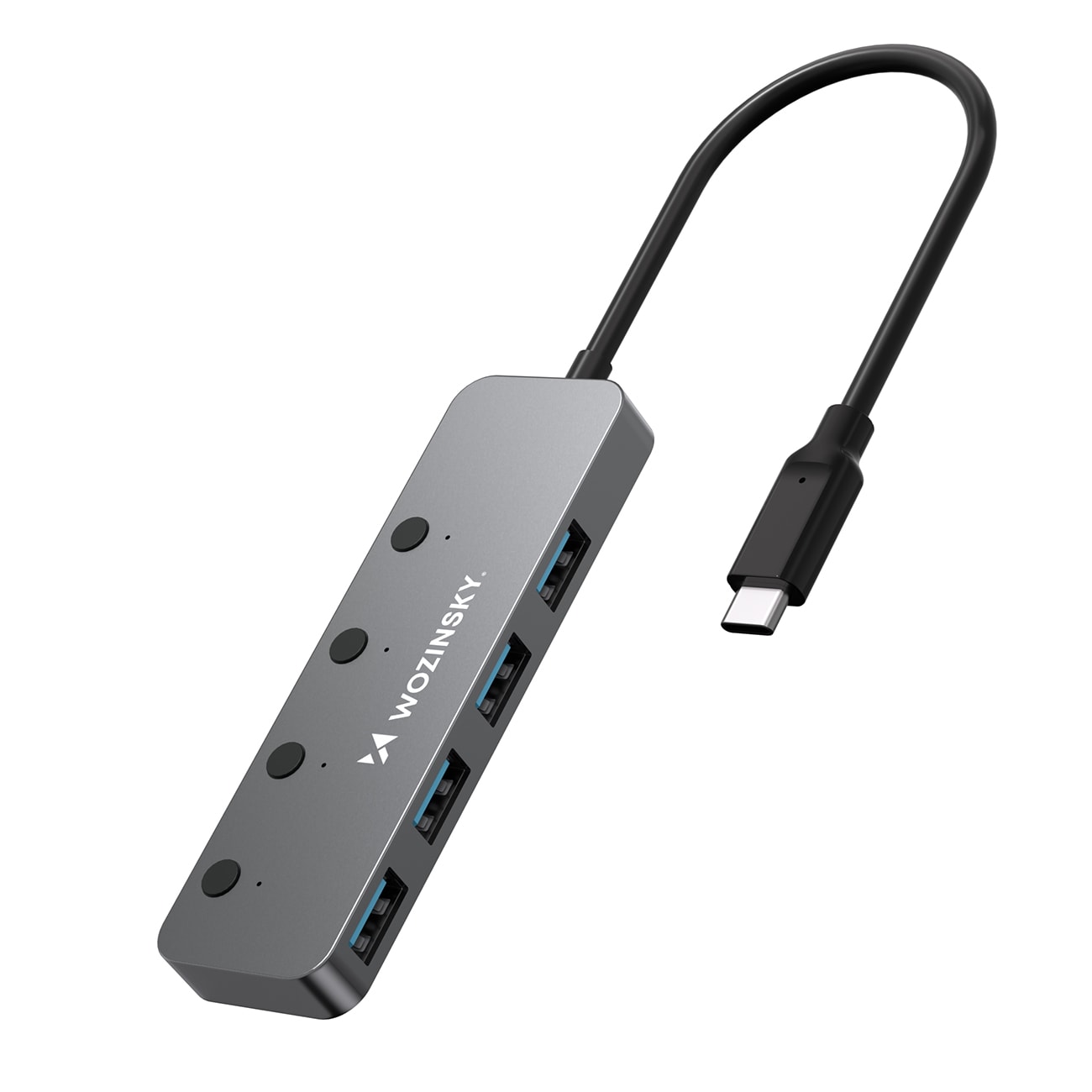 Wozinsky WHS080YSS 4x USB-A 3.0-hubb i aluminium m. strömbrytare & 15 cm USB-C-kabel – grå