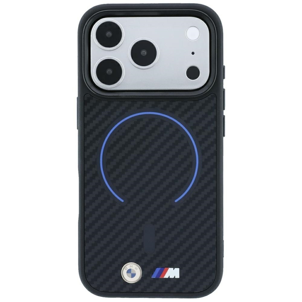 BMW M Kevlar Blue Print Ring Metal Logo MagSafe-etui til iPhone 18 Pro Max / 17 Pro Max – Sort