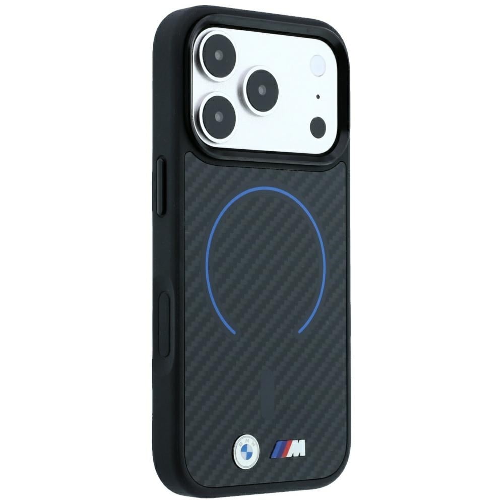 BMW M Kevlar Blue Print Ring Metal Logo MagSafe-etui til iPhone 18 Pro Max / 17 Pro Max – Sort