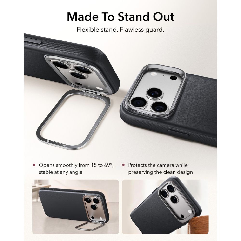 ESR læderetui med støttefod og MagSafe til iPhone 18 Pro Max / 17 Pro Max – Sort