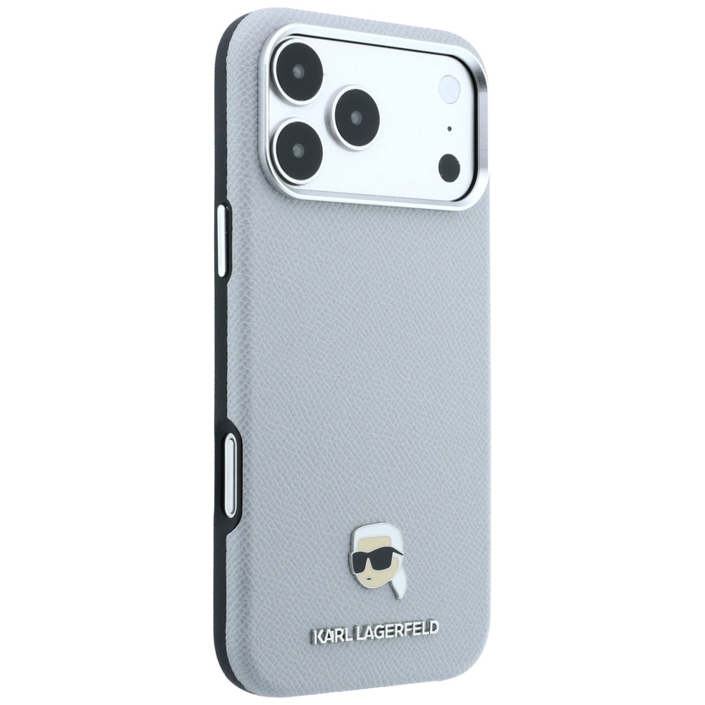 Karl Lagerfeld Grained Karl Head Metal MagSafe-etui til iPhone 18 Pro Max / 17 Pro Max – Grå