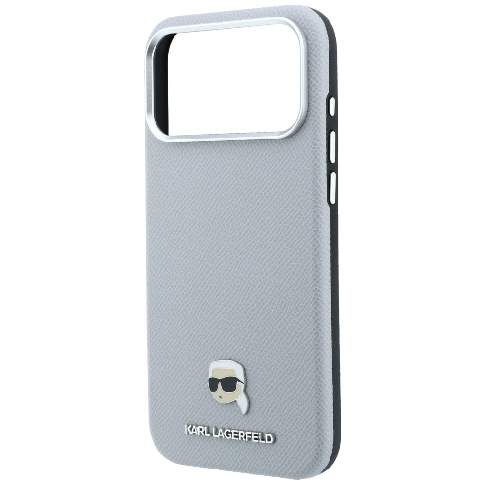 Karl Lagerfeld Grained Karl Head Metal MagSafe-etui til iPhone 18 Pro Max / 17 Pro Max – Grå