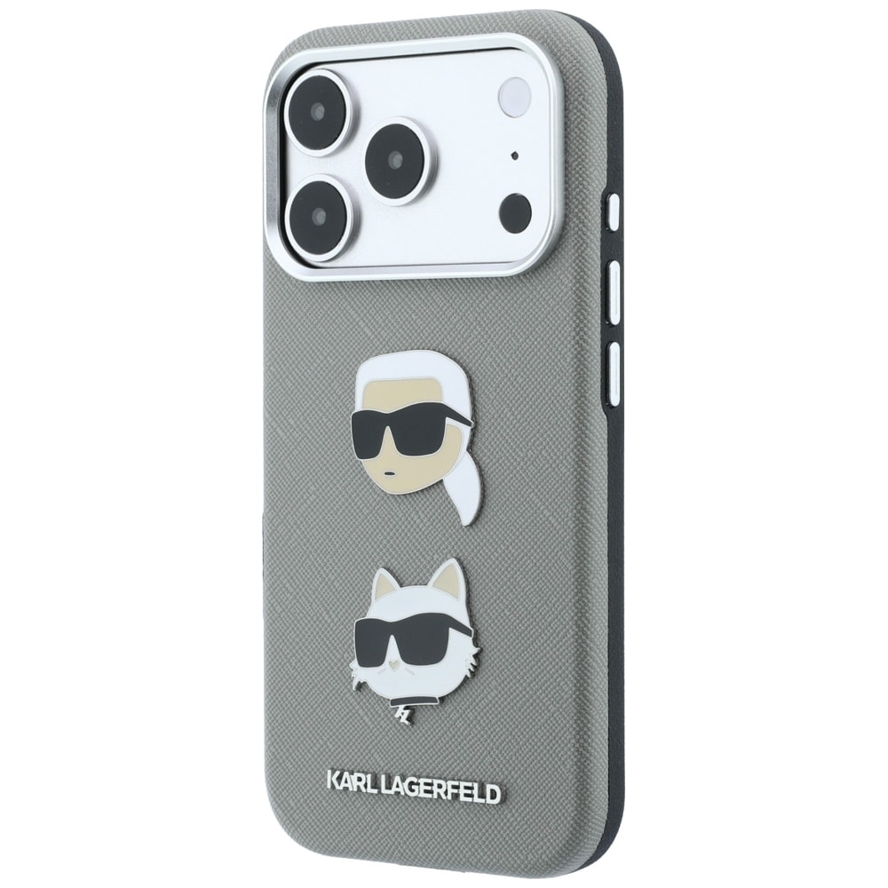 Karl Lagerfeld Saffiano-etui m. Karl & Choupette-figurer, pins & logo til iPhone 18/17 Pro – Grå