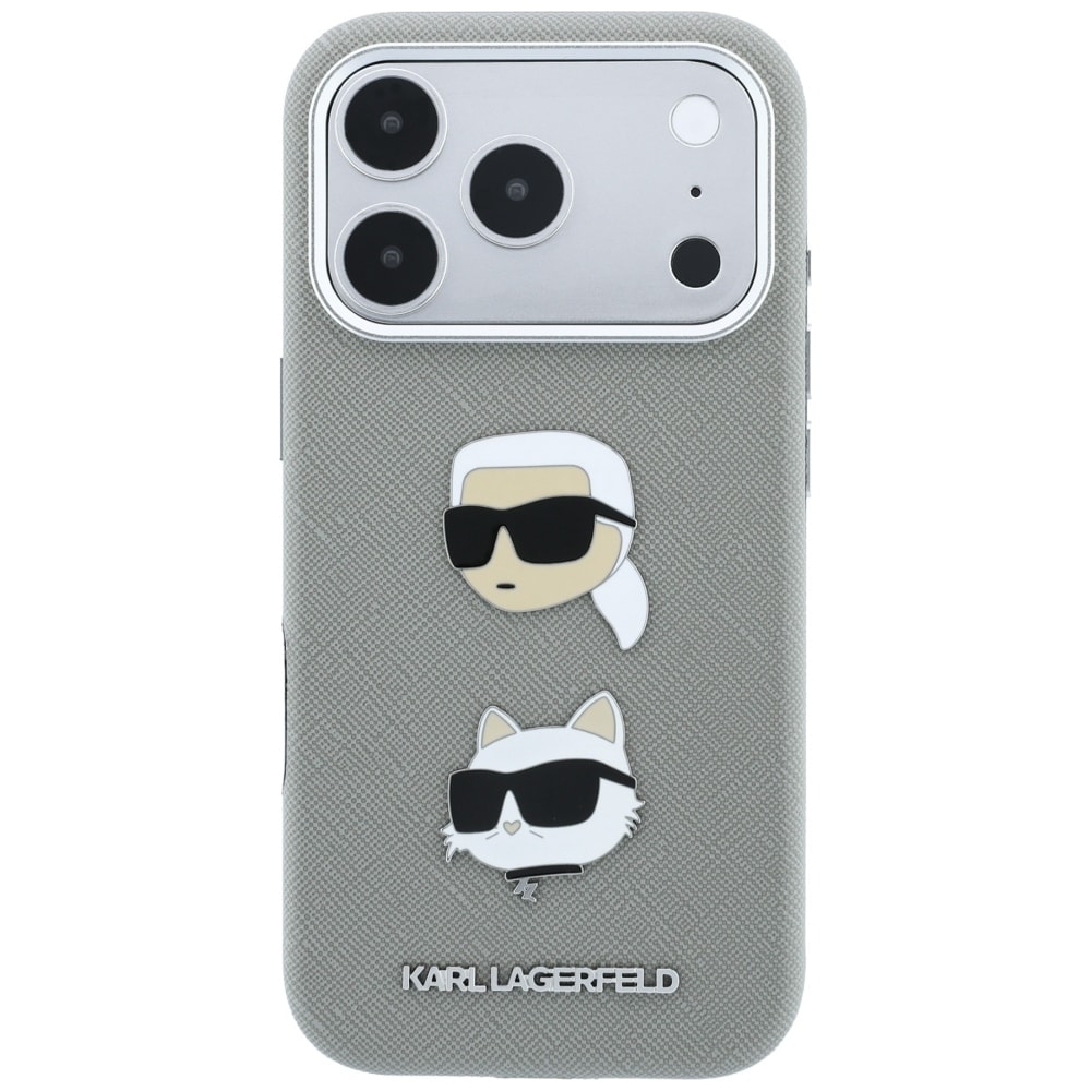 Karl Lagerfeld Saffiano-etui m. Karl & Choupette-figurer, pins & logo til iPhone 18/17 Pro – Grå