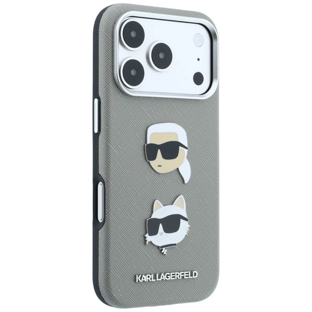 Karl Lagerfeld Saffiano-etui m. Karl & Choupette-figurer, pins & logo til iPhone 18/17 Pro – Grå