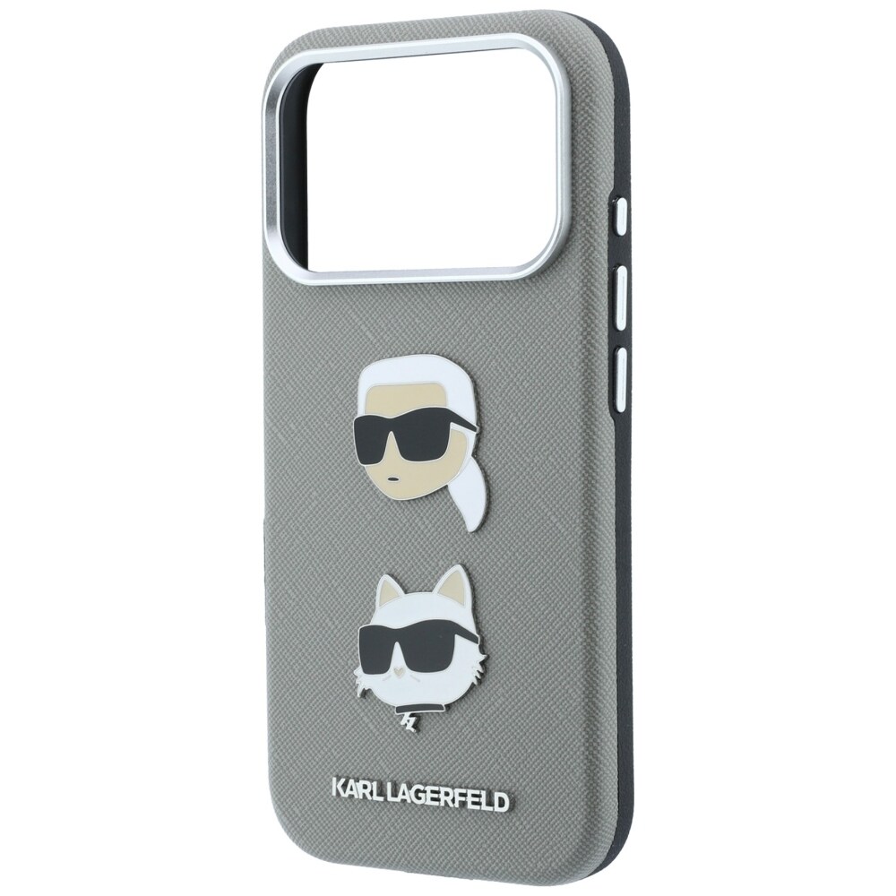 Karl Lagerfeld Saffiano-etui m. Karl & Choupette-figurer, pins & logo til iPhone 18/17 Pro – Grå