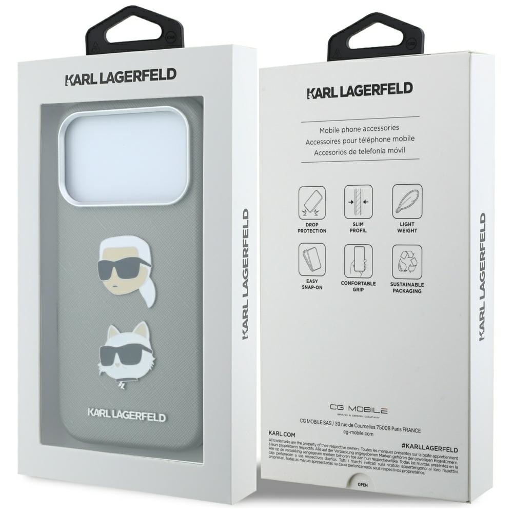 Karl Lagerfeld Saffiano-etui m. Karl & Choupette-figurer, pins & logo til iPhone 18/17 Pro – Grå
