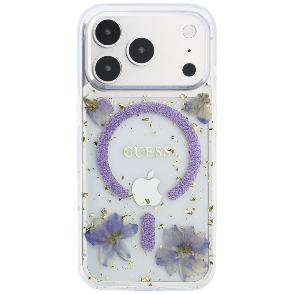 Guess Resin Flowers Glitter MagSafe-etui til iPhone 18 Pro / 17 Pro – Lilla