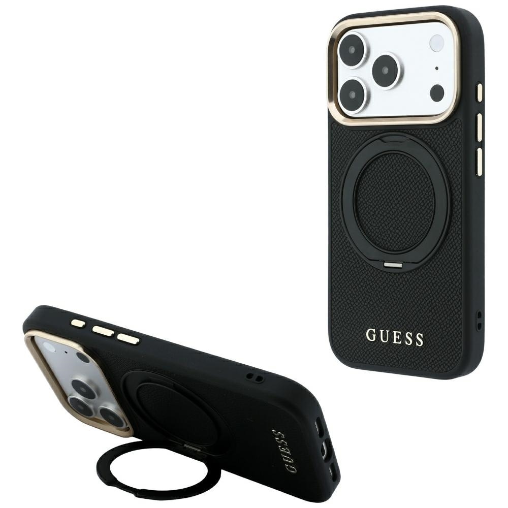 Guess Ring Stand 360 Grained Classic Logo MagSafe-etui til iPhone 18 Pro Max / 17 Pro Max – Sort