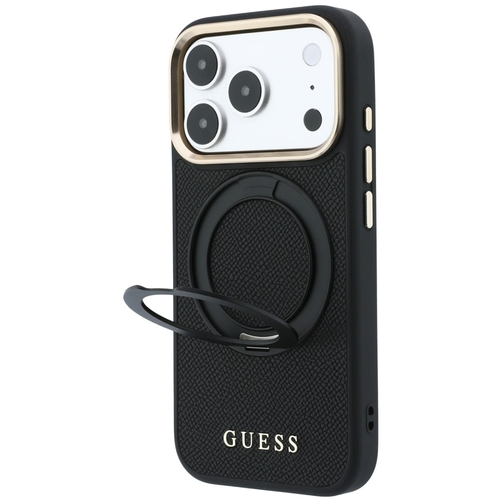 Guess Ring Stand 360 Grained Classic Logo MagSafe-etui til iPhone 18 Pro Max / 17 Pro Max – Sort