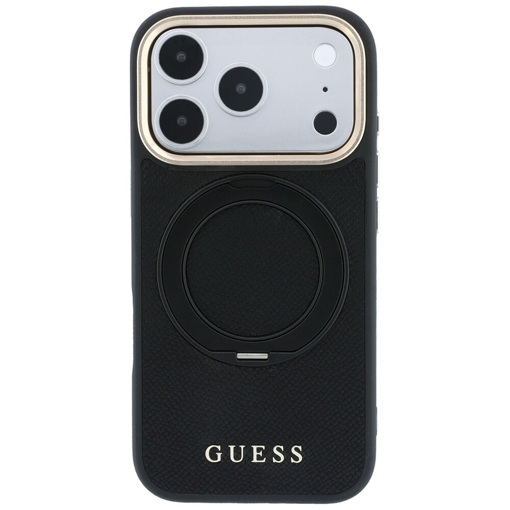 Guess Ring Stand 360 Grained Classic Logo MagSafe-etui til iPhone 18 Pro Max / 17 Pro Max – Sort