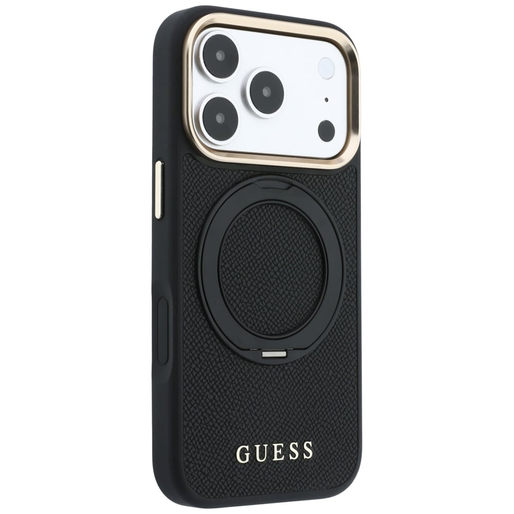 Guess Ring Stand 360 Grained Classic Logo MagSafe-etui til iPhone 18 Pro Max / 17 Pro Max – Sort