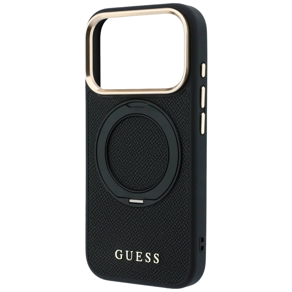 Guess Ring Stand 360 Grained Classic Logo MagSafe-etui til iPhone 18 Pro Max / 17 Pro Max – Sort