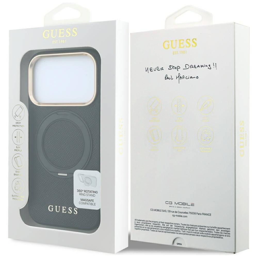 Guess Ring Stand 360 Grained Classic Logo MagSafe-etui til iPhone 18 Pro Max / 17 Pro Max – Sort