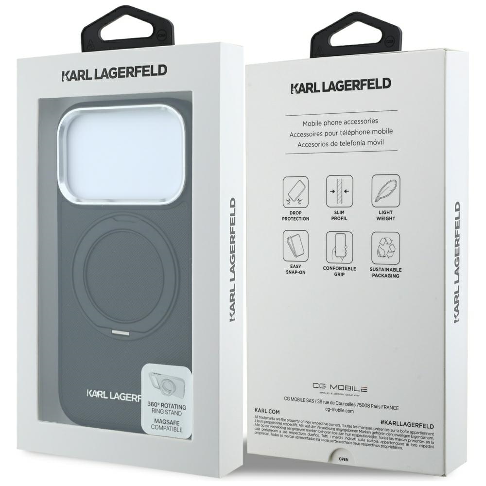 Karl Lagerfeld Ring Stand 360 Saffiano Classic Logo MagSafe-etui til iPhone 18 Pro / 17 Pro – Sort