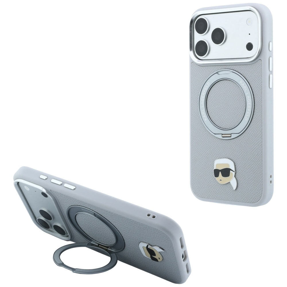 Karl Lagerfeld med ringholder 360 Karl Head Pin MagSafe-etui til iPhone 18 Pro / 17 Pro – grå