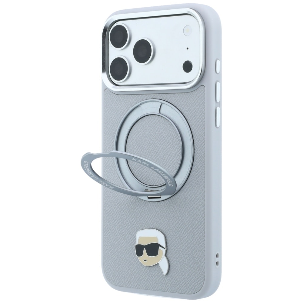 Karl Lagerfeld med ringholder 360 Karl Head Pin MagSafe-etui til iPhone 18 Pro / 17 Pro – grå
