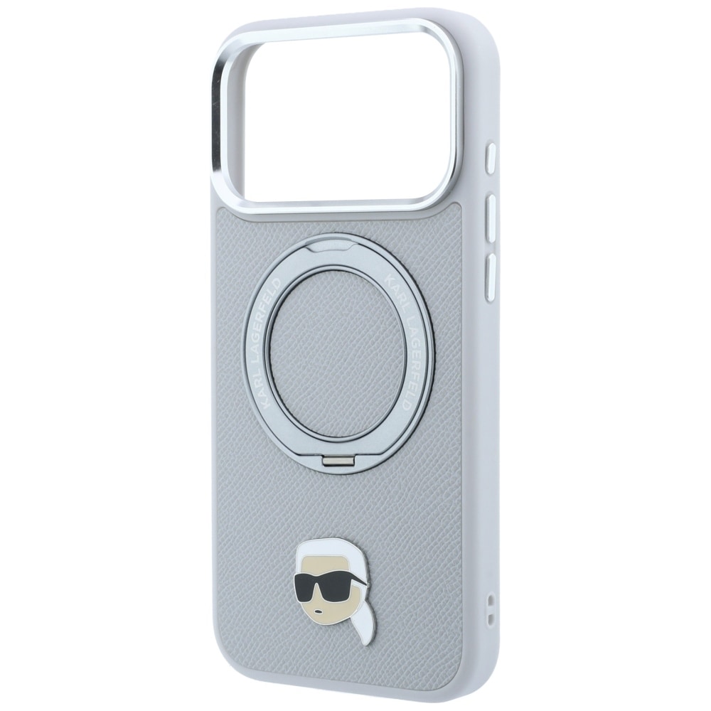 Karl Lagerfeld med ringholder 360 Karl Head Pin MagSafe-etui til iPhone 18 Pro / 17 Pro – grå