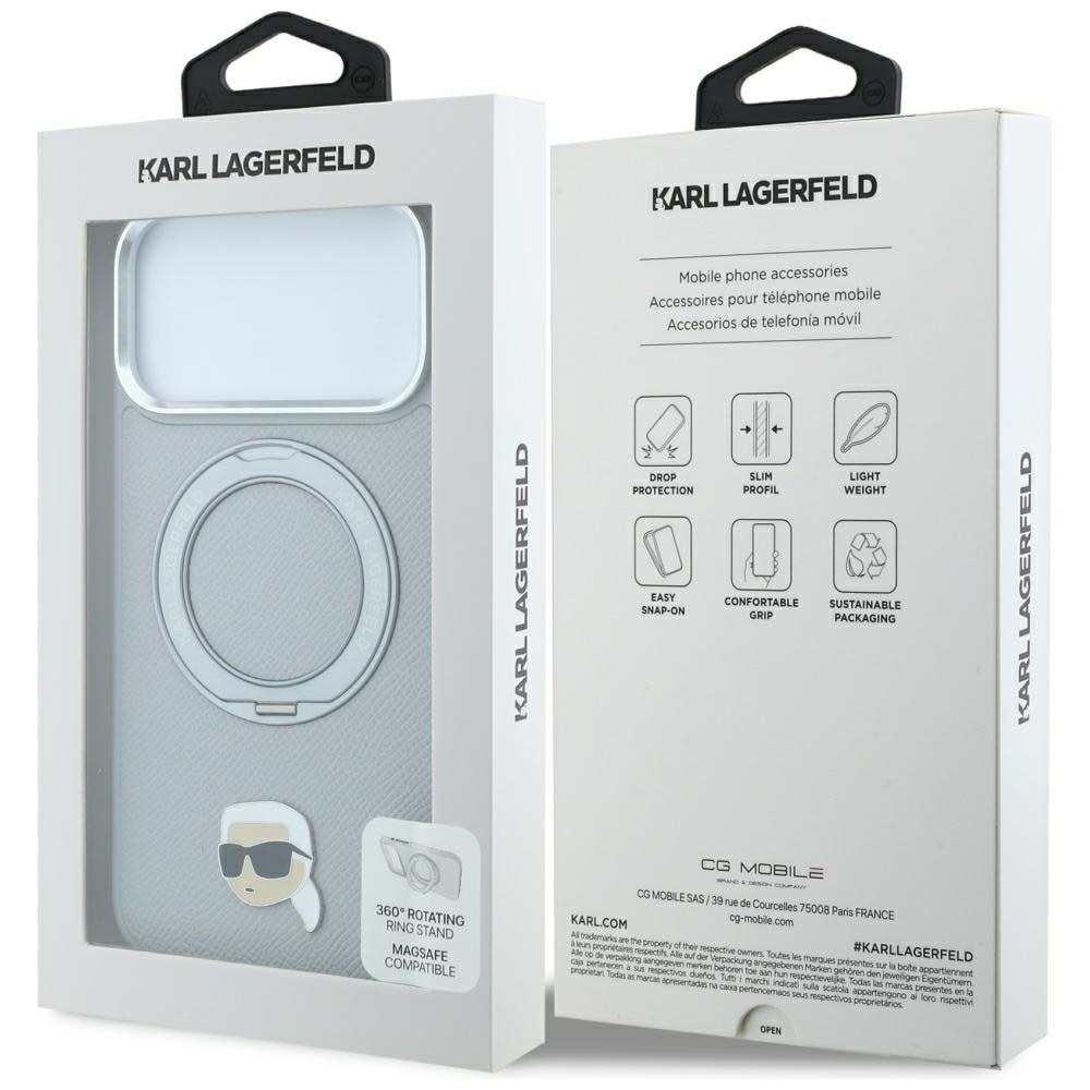 Karl Lagerfeld med ringholder 360 Karl Head Pin MagSafe-etui til iPhone 18 Pro / 17 Pro – grå