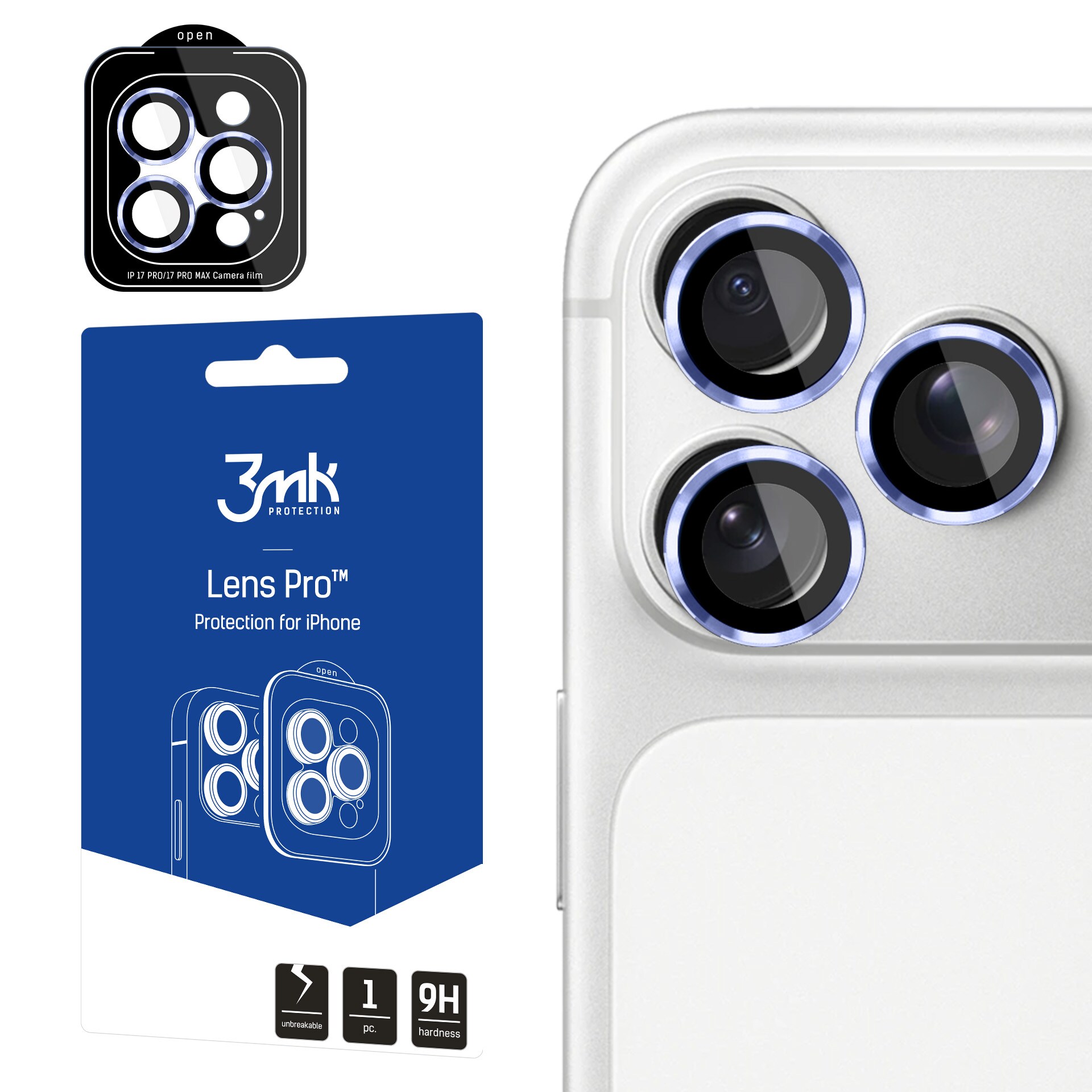 3mk Lens Protection Pro – härdat glas i svart för iPhone 18 Pro / 18 Pro Max – ljusblått
