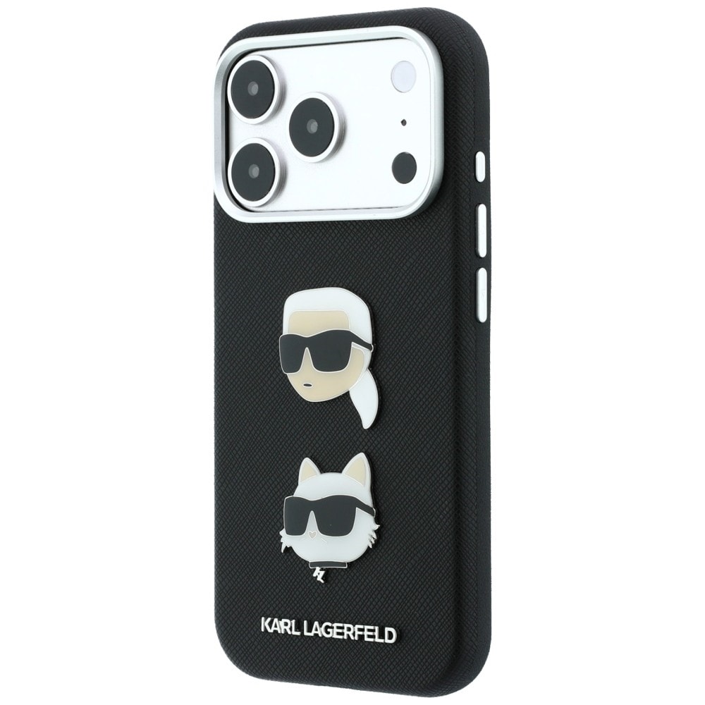 Karl Lagerfeld Saffiano Karl&Choupette etui til iPhone 18/17 Pro m. rem & logo – Sort