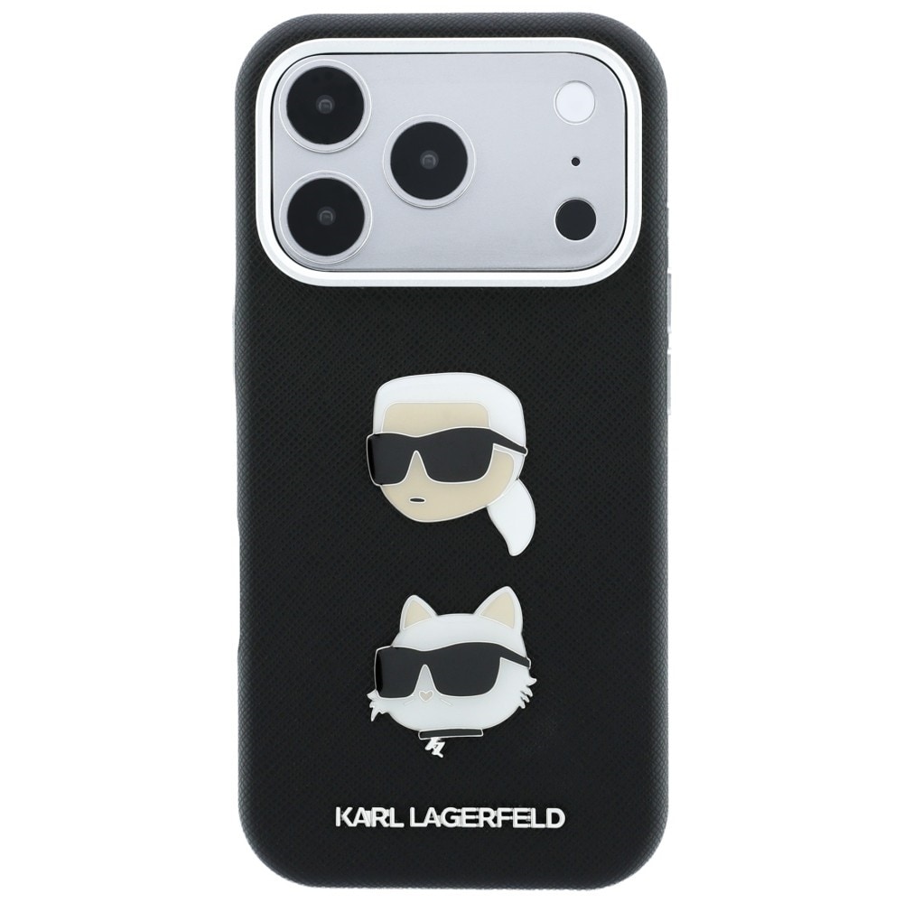 Karl Lagerfeld Saffiano Karl&Choupette etui til iPhone 18/17 Pro m. rem & logo – Sort
